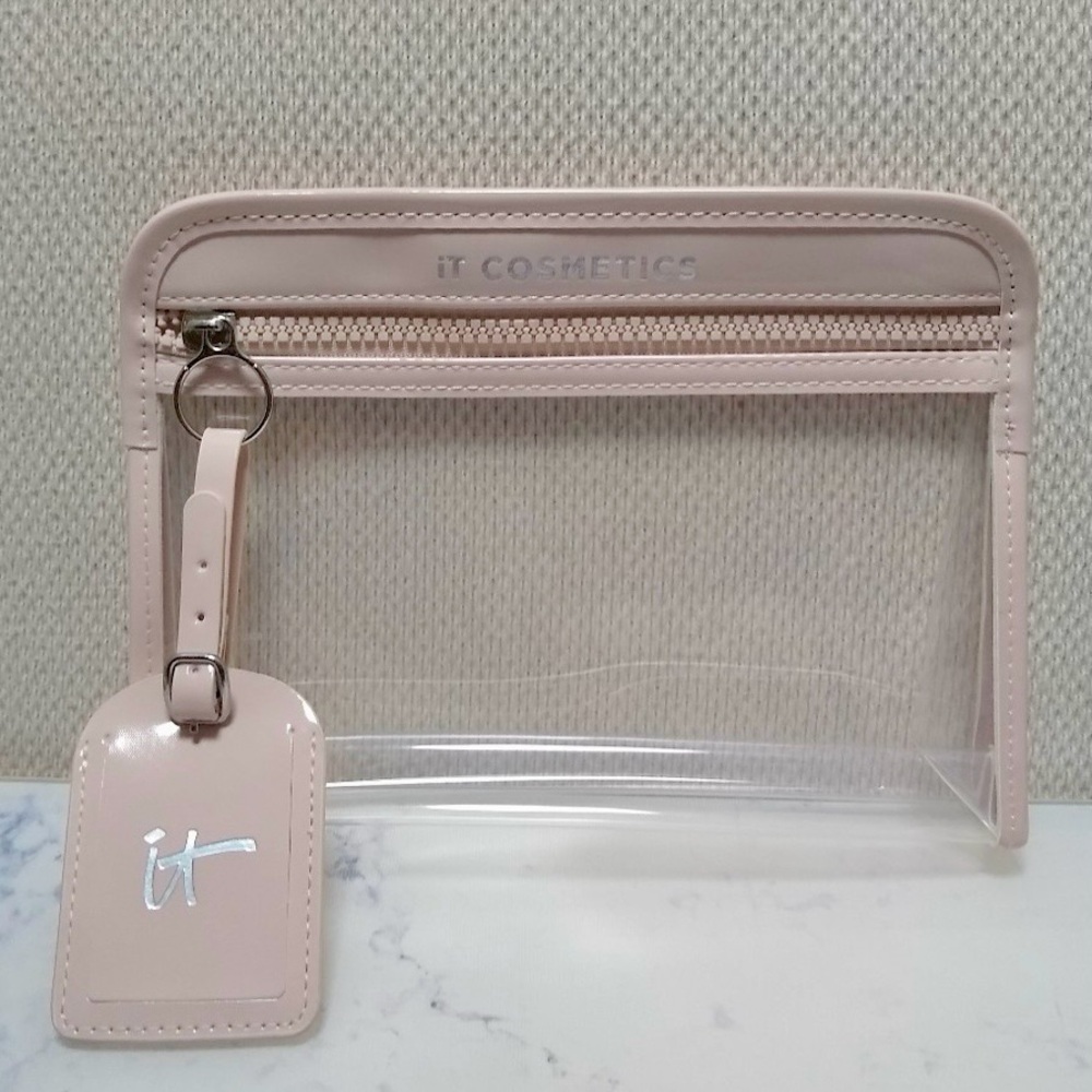 IT Cosmetics Blush Pink Transparent Clutch Pouch with luggage tag!